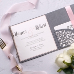 Elegant gray and blush laser cut pocket wedding invitation WS209