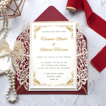 Romantic and luxury gold foil acrylic wedding invitations with leafy  pattern WS249