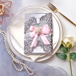 Silver mirror and blush laser cut invitations with pink ribbon WS216