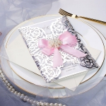 Silver mirror and blush laser cut invitations with pink ribbon WS216