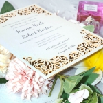 Simple flat laser cut wedding invite with gold mirror lining WS224