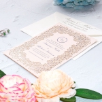 Elegant blush simple flat laser cut wedding invite, gray mirror lining WS225