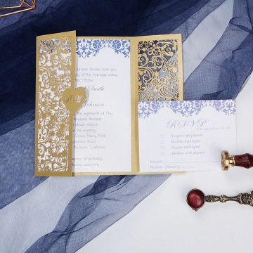Gold and blue laser cut wedding invite with heart tag WS228