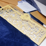 Gold and blue laser cut wedding invite with heart tag WS218