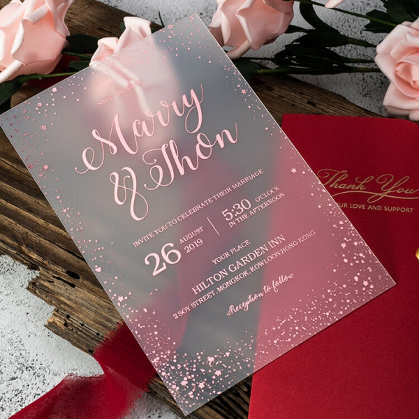 Rose gold acrylic wedding invitations, vellum wrap with watercolor flowers  WS230