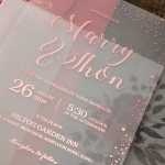 Rose gold acrylic wedding invitations, vellum wrap with watercolor flowers  WS230