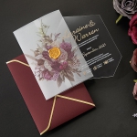 Bohemian floral vellum wedding invite, unique irregular acrylic wedding invitations, gold, plum and mauve, fall and winter wedding WS246