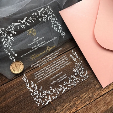 Minimalist elegant and rustic acrylic wedding invitations with leafy design, fall and winter wedding invites WS247