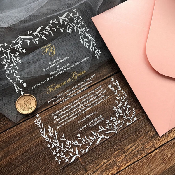 Minimalist elegant and rustic acrylic wedding invitations with leafy  design, fall and winter wedding invites WS247