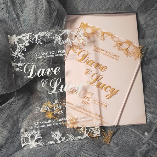 Romantic and luxury gold foil acrylic wedding invitations with leafy  pattern WS249