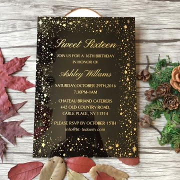 Black acrylic wedding invitations with an array of stars decors, gold wedding invitations, fall and winter weddings WS250