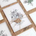 Romantic and rustic vellum save the date with twine and tag, craft paper lining invite STD016