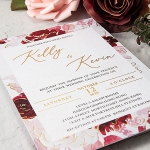 Elegant and rustic burgundy and blush watercolor wedding invite with gold foil calligraphy, spring, fall, summer WS271