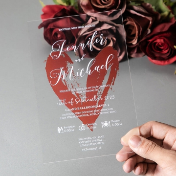 Romantic orange watercolor heart shape acrylic wedding invitation with vellum wrap, clear wedding invitations WS273