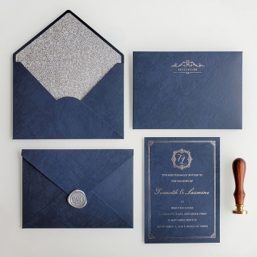 Formal royal navy blue and silver foil wedding invitations WS281 