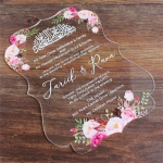 Irregular clear acrylic wedding invitations with pink flowers WS290