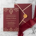 Romantic retro vintage burgundy and gold foil flat wedding invitation WS298