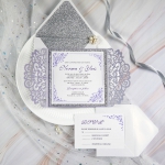 Lavender Laser Cut Wrap Wedding Invitation With Silver Glittery Liner WS304